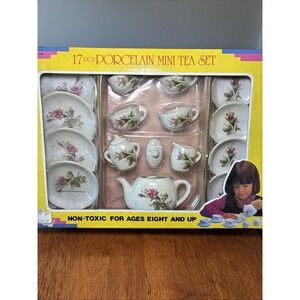 Vintage Child's 17 pcs Porcelain Mini Tea Set w/ Box Floral Rose
